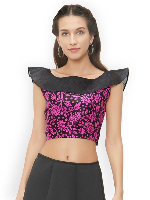 

Mirchi Women Pink & Black PRinted Raw Silk Stitched Blouse