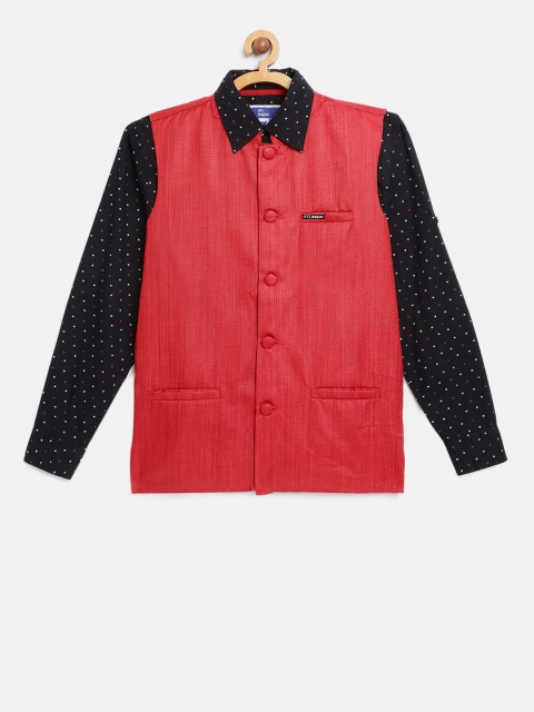 

612 league Boys Black Regular Fit Printed Casual Shirt with Red Waistcoat