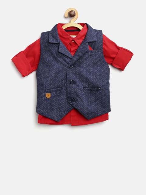 

612 league Boys Red Casual Shirt with Waistcoat