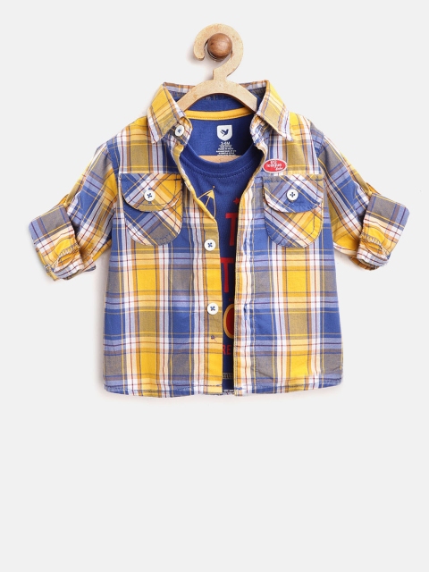 

612 league Boys Yellow & Blue Regular Fit Checked Casual Shirt with T-shirt