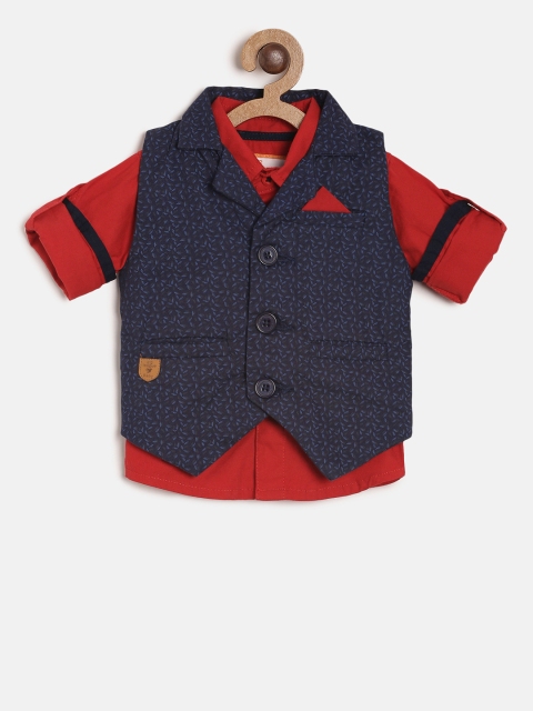 

612 league Boys Red Regular Fit Solid Casual Shirt With Waistcoat