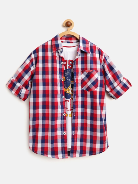 

612 league Boys Red & Navy Blue Regular Fit Checked Casual Shirt with T-shirt