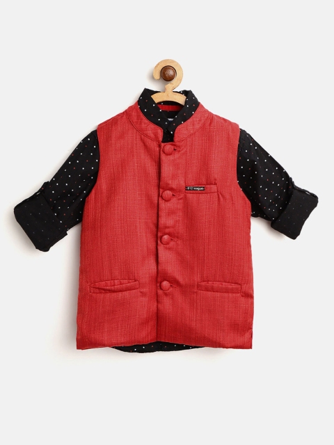 

612 league Boys Black & Rust Red Regular Fit Printed Casual Shirt with Nehru Jacket