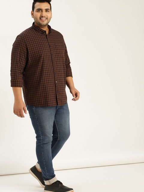 

Sztori Plus Size Men Mustard Brown Navy Blue Regular Fit Checked Casual Shirt