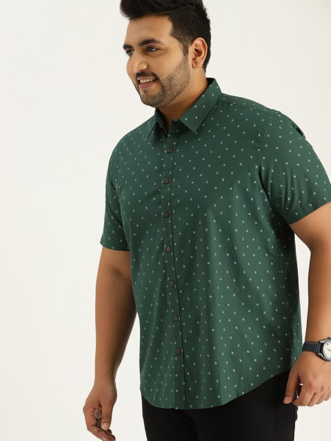 

Sztori Plus Size Men Green White Regular Fit Printed Casual Shirt