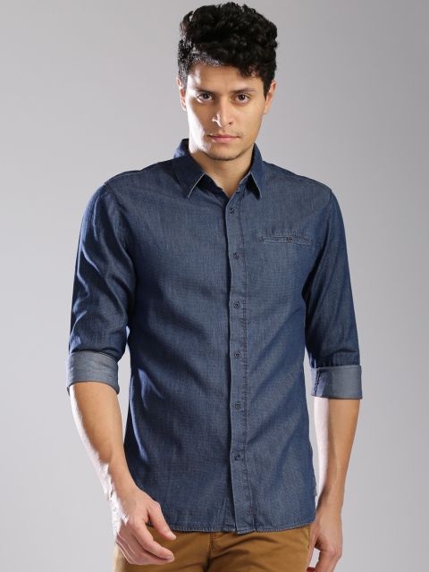 

Tommy Hilfiger Navy Self-Design Denim Casual Shirt, Navy blue