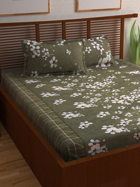 

Story@home Olive Green & White Floral 144 TC Cotton 1 King Bedsheet with 2 Pillow Covers