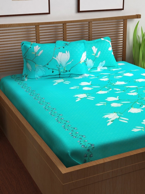 

Story@home Unisex Turquoise Blue Floral 144 TC Cotton 1 King Bedsheet with 2 Pillow Covers