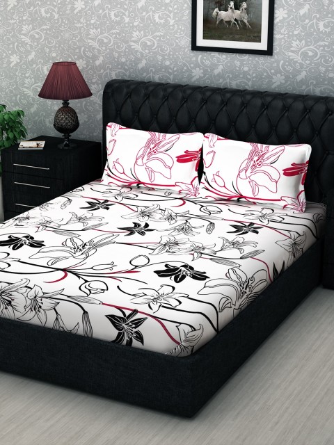 

Story@home White Black Floral 186TC Cotton 1 Double Bedsheet with 2 Pillow Covers