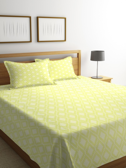 

NEUDIS Green & Off-White Woven Design Cotton Double Bed Cover with 2 Pillow Covers