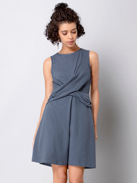 

FabAlley Women Grey Solid Fit and Flare Dress