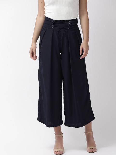 

Madame Women Navy Blue Regular Fit Solid Cropped Parallel Trousers