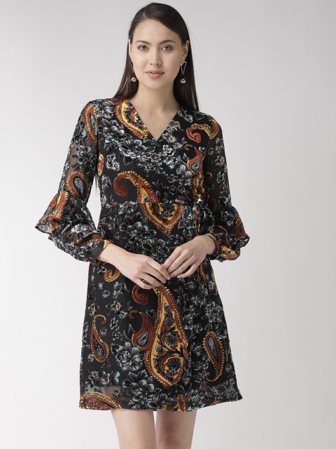 

Madame Women Black & Mustard Yellow Printed Wrap Dress