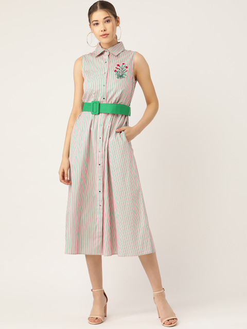 

Madame Women Pink & Green Striped Shirt Dress