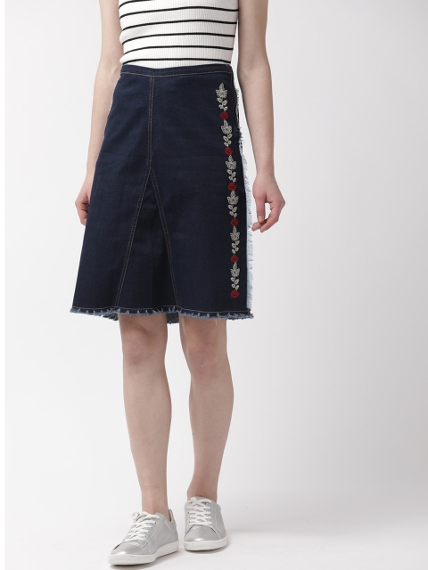 

Madame Women Navy Blue Solid Denim A-Line Pure Cotton Skirt