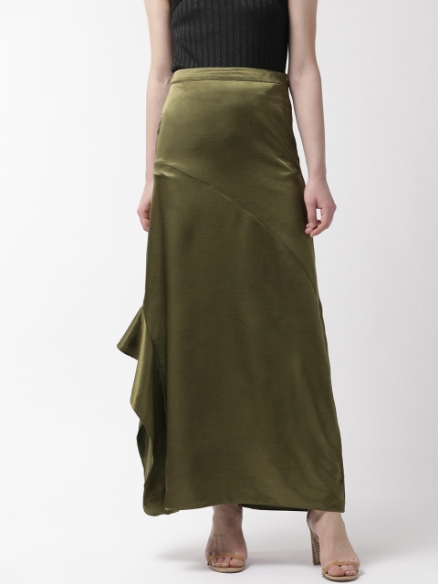 

Madame Women Olive Green Solid Satin Finish Maxi Skirt