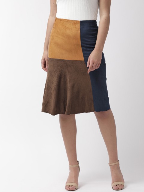 

Madame Women Navy & Brown Velvet Finish Colourblocked A-Line Skirt, Navy blue
