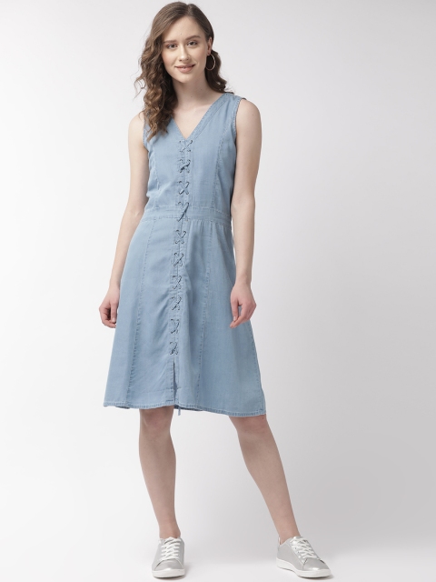 

Madame Women Blue Solid Chambray A-Line Dress