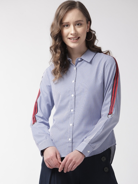 

Madame Women Blue & White Regular Fit Striped Casual Shirt