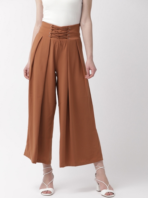 

Madame Women Rust Orange Regular Fit Solid Cropped Parallel Trousers