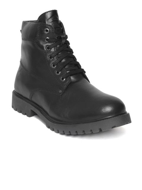 

Woodland Men Black Solid Leather Mid-Top Flat Boots