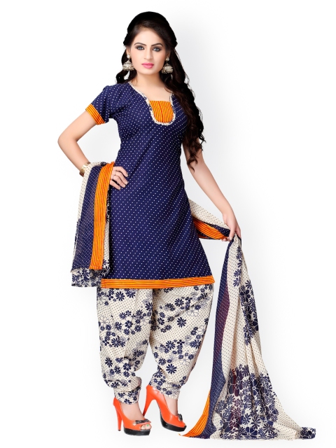 

Vaamsi White & Blue Printed Crepe Unstitched Dress Material