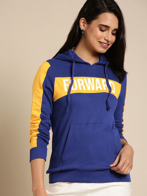 

DressBerry Women Blue & Yellow Printed Hooded Sweatshirt