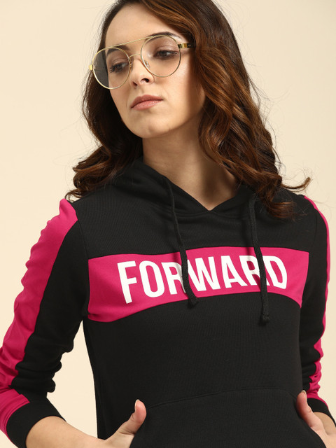 

DressBerry Women Black & Pink Printed Hooded Sweatshirt