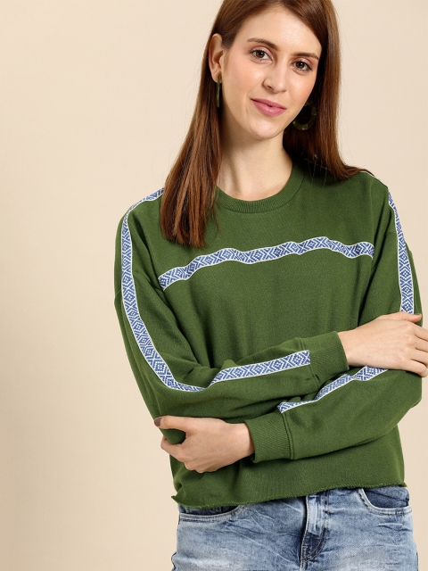 

DressBerry Women Olive Green Embroidered Sweatshirt