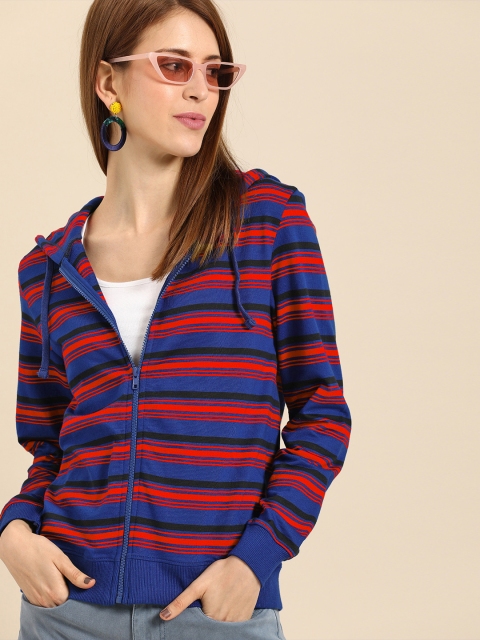 

DressBerry Women Navy Blue & Red Striped Hooded Sweatshirt