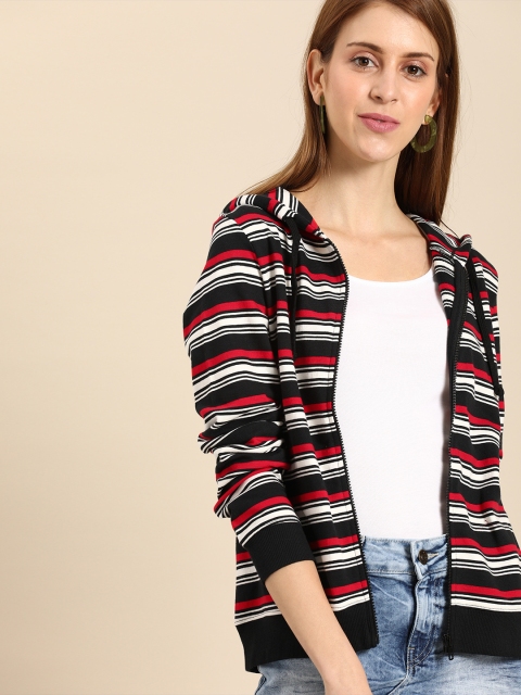 

DressBerry Women Black & White Striped Hooded Sweatshirt