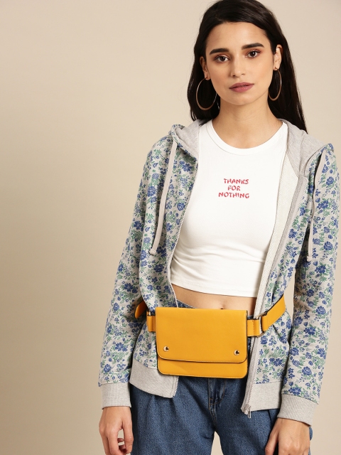 

DressBerry Women Grey Melange & Blue Printed Hooded Sweatshirt