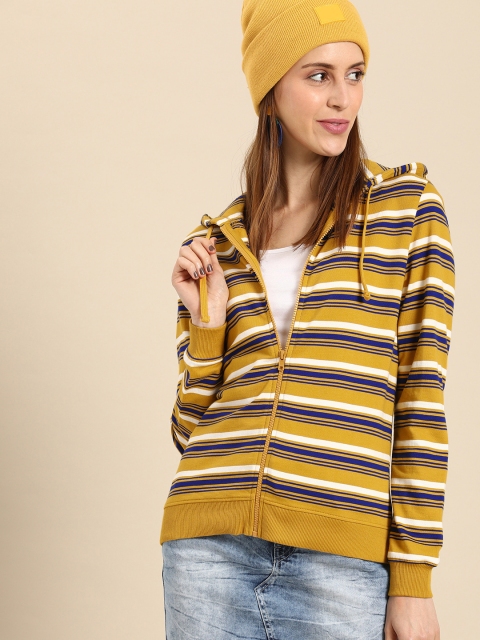 

DressBerry Women Mustard Yellow & Blue Striped Hooded Sweatshirt