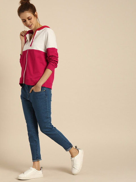 

DressBerry Women Pink & White Colourblocked Hooded Sweatshirt
