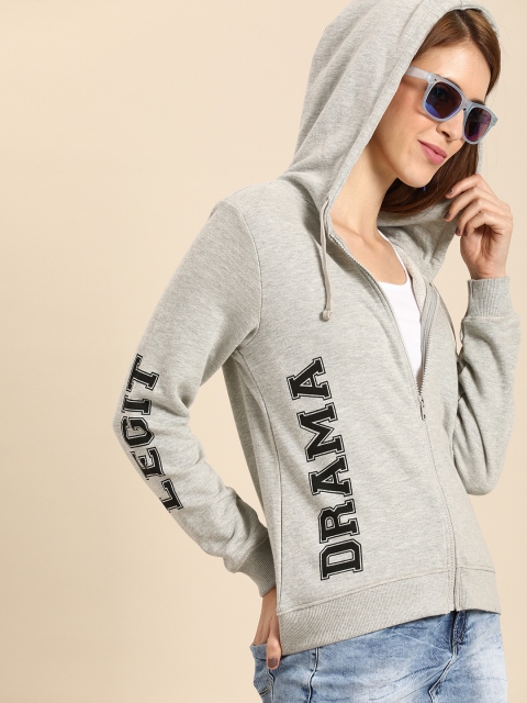 

DressBerry Women Grey Melange Printed Hooded Sweatshirt
