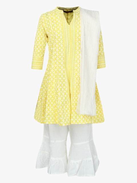 

Sangria Girls Yellow & White Printed Kurta with Sharara & Dupatta