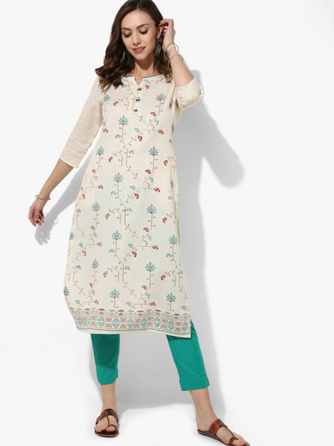 

Sangria Women Off-White & Teal Green Embroidered Kurta with Trousers