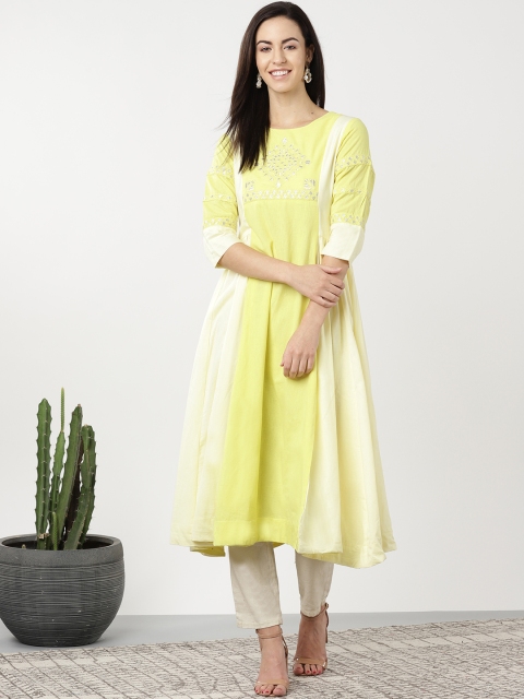 

Sangria Women Yellow & Cream-Coloured Yoke Design Colourblocked Anarkali Kurta