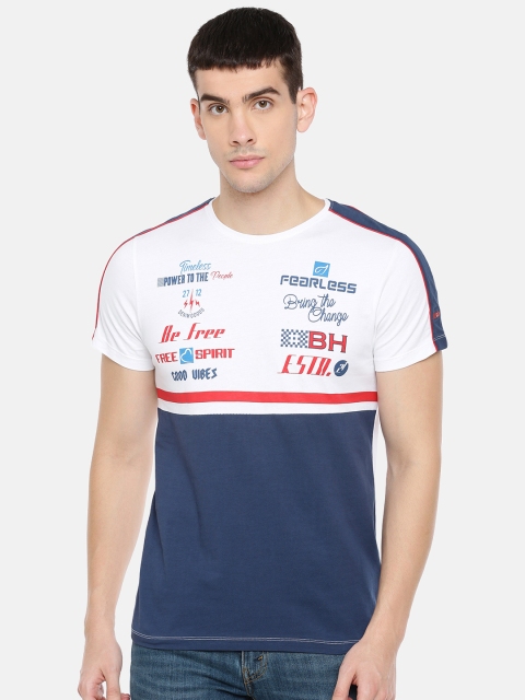 

Being Human Men White & Navy Blue Colourblocked Round Neck T-shirt