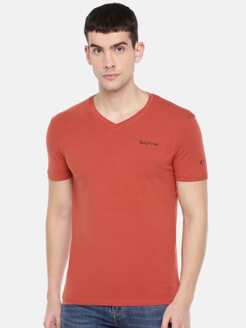 

Being Human Men Rust Orange Solid V-Neck T-shirt