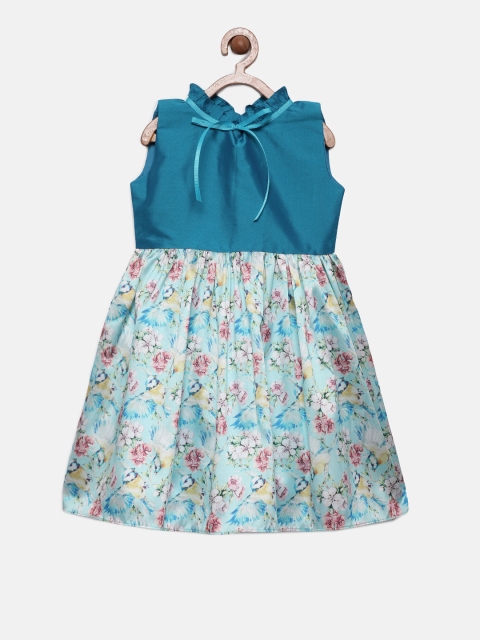 

mini miao Girls Teal Blue Printed Fit and Flare Dress