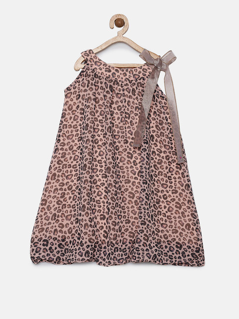 

mini miao Girls Peach & Black Printed Balloon Dress