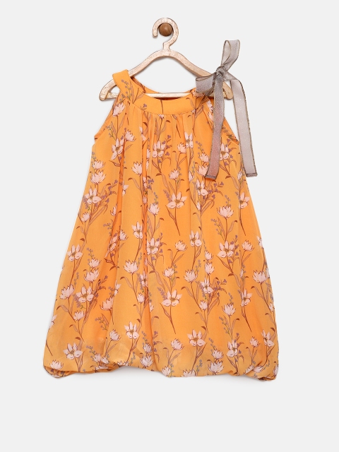 

mini miao Girls Mustard Yellow & Pink Printed Balloon Dress