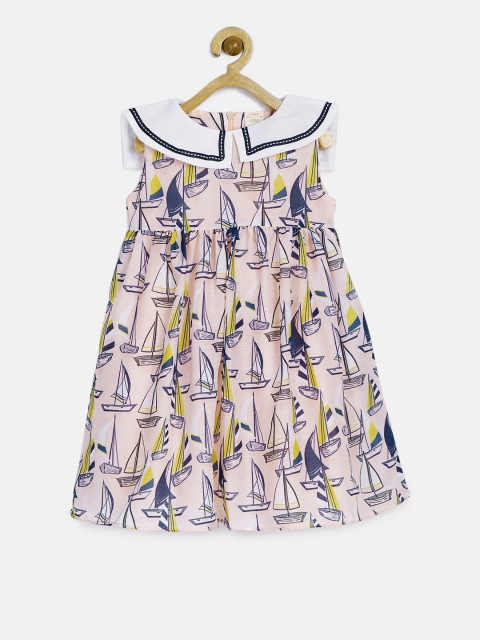 

mini miao Girls Pink & Blue Printed Fit and Flare Dress