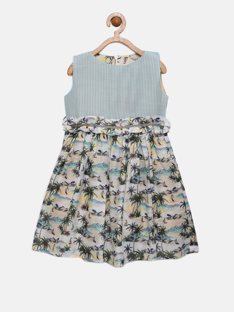 

mini miao Girls Off-White & Green Printed Fit and Flare Dress