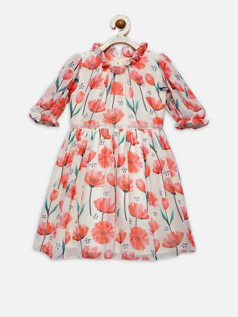 

mini miao Girls Off-White & Red Printed Fit and Flare Dress