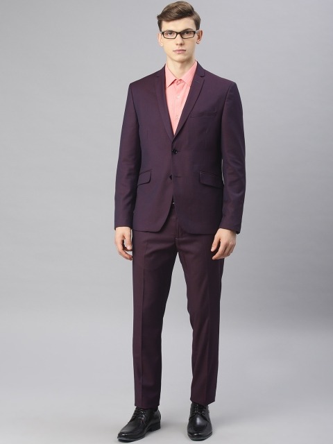 

V Dot Men Navy Burgundy Textured Skinny Fit Single-Breasted Formal Suit