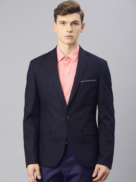 

V Dot Men Navy Blue Textured Skinny Fit Single-Breasted Casual Blazer