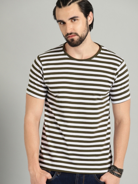 

The Roadster Lifestyle Co Men White Olive Green Striped Round Neck Pure Cotton T-shirt