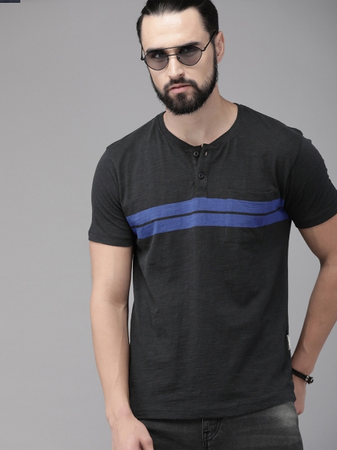 

The Roadster Lifestyle Co Men Black Striped Henley Neck T-shirt